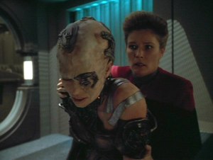 Seven struggles when severed from The Collective, but Janeway encourages her individuality.